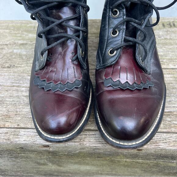 Vintage 90s Laredo Roper Lace Up Black Cherry Red Two Tone Cowgirl Boots 8 1/2 M - Picture 3 of 7